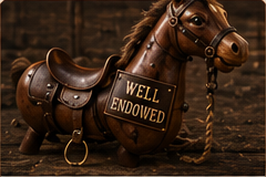 A tiny theatrical hobby horse labeled Well Endowed.
