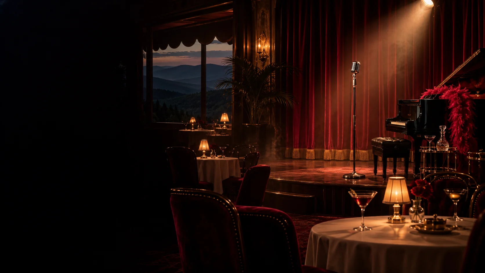 A vintage chrome microphone on an empty red-velvet nightclub stage, with a feather boa, piano and cocktail tables in amber light.