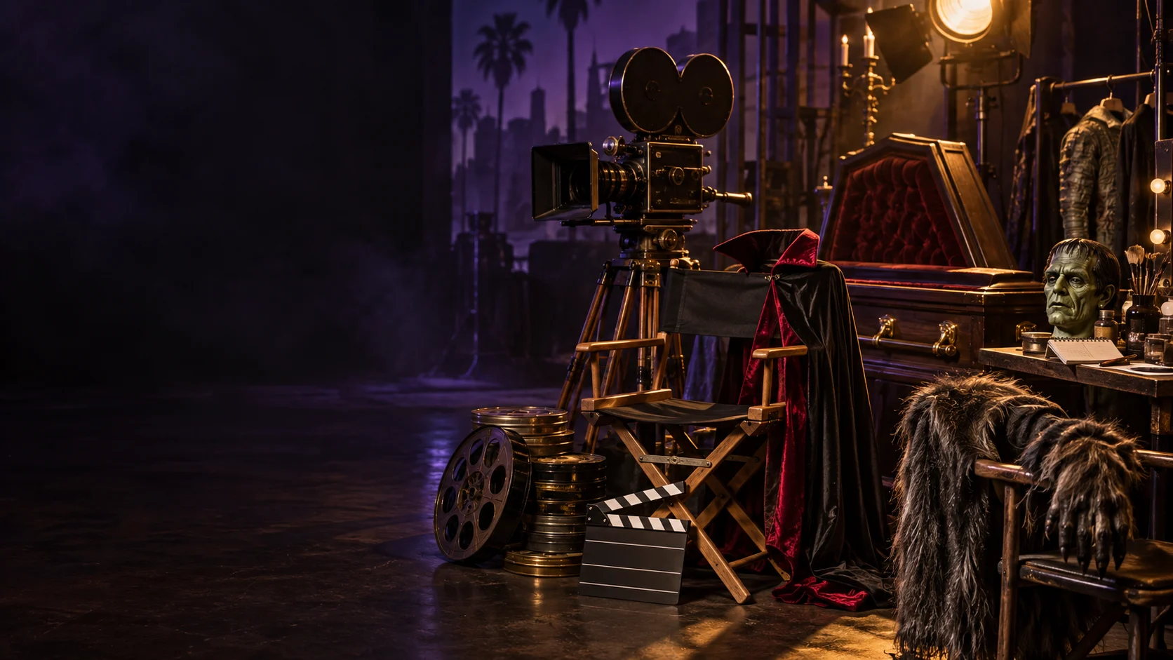 A vintage movie camera, film reels, vampire cape, green monster makeup and wolf costume on a moody 1950 Hollywood soundstage.