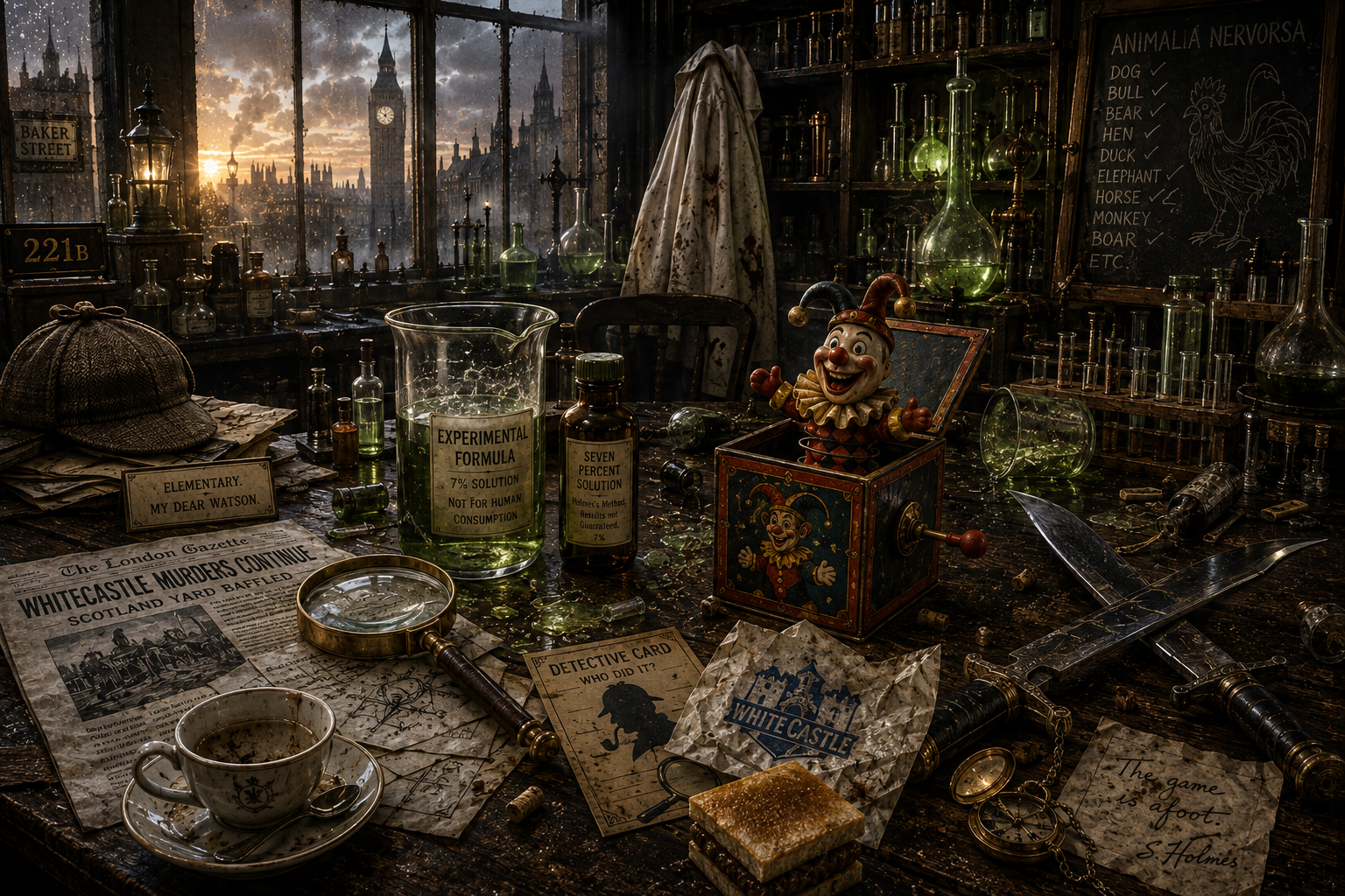 Dawn over a disordered Victorian laboratory after the investigation.