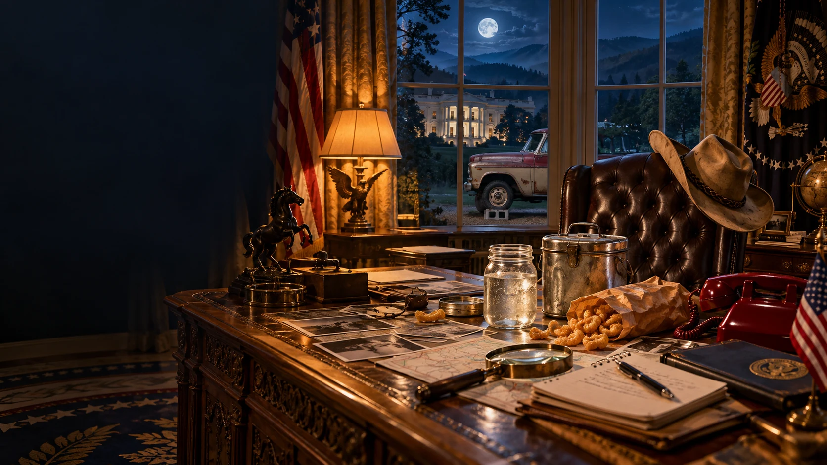 A moonlit presidential office where a cowboy hat, mason jar, pork rinds, red telephone, reporter's notebook and magnifying glass crowd the desk while an old pickup rests on blocks outside.
