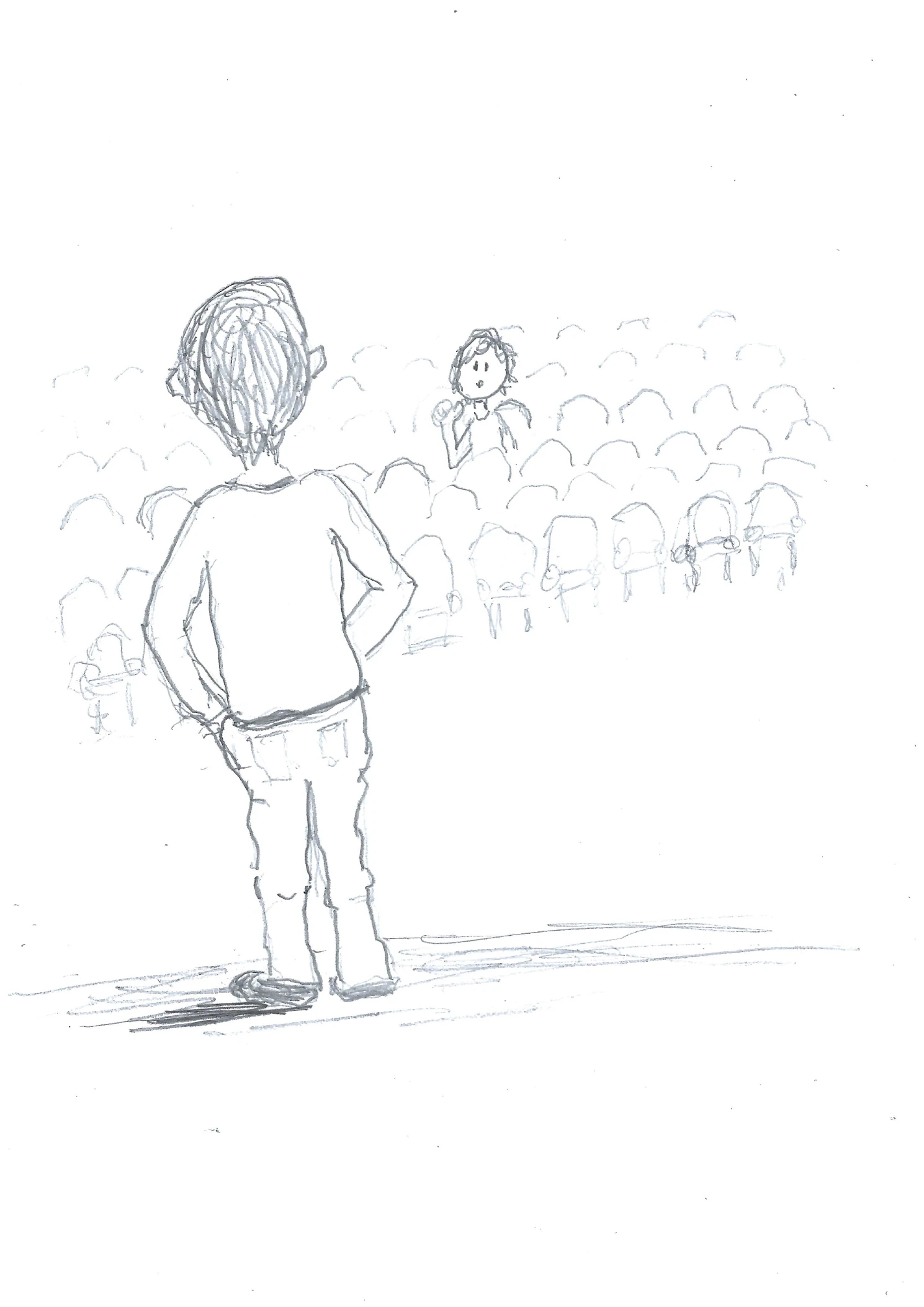 A hand-drawn view from behind one actor as another performs across a theatre filled with audience members.
