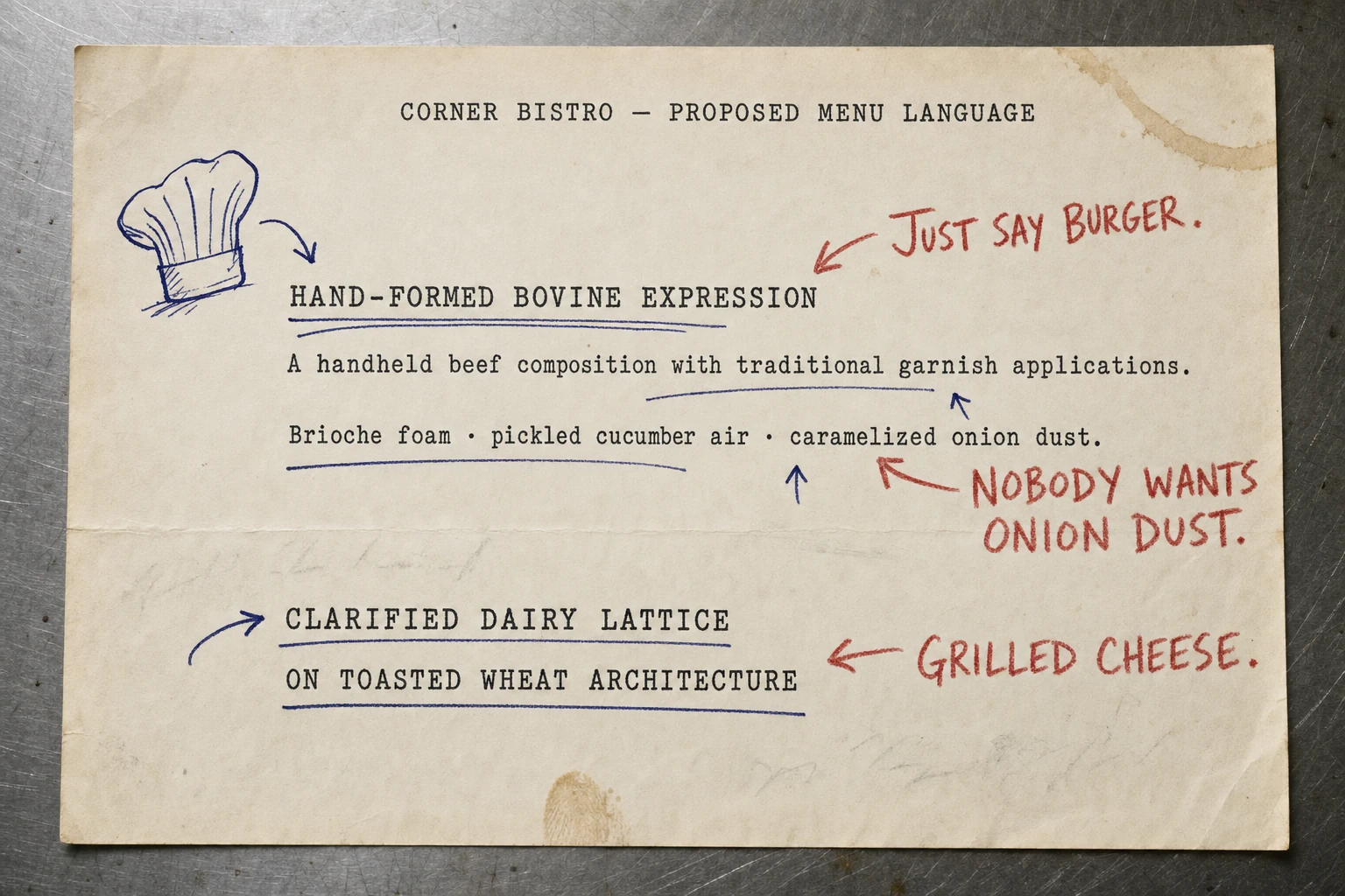 A kitchen-worn Corner Bistro proposed menu-language sheet. Carby renames a hamburger a Hand-formed Bovine Expression and grilled cheese Clarified Dairy Lattice on Toasted Wheat Architecture, while Ricky writes plainspoken objections in red.