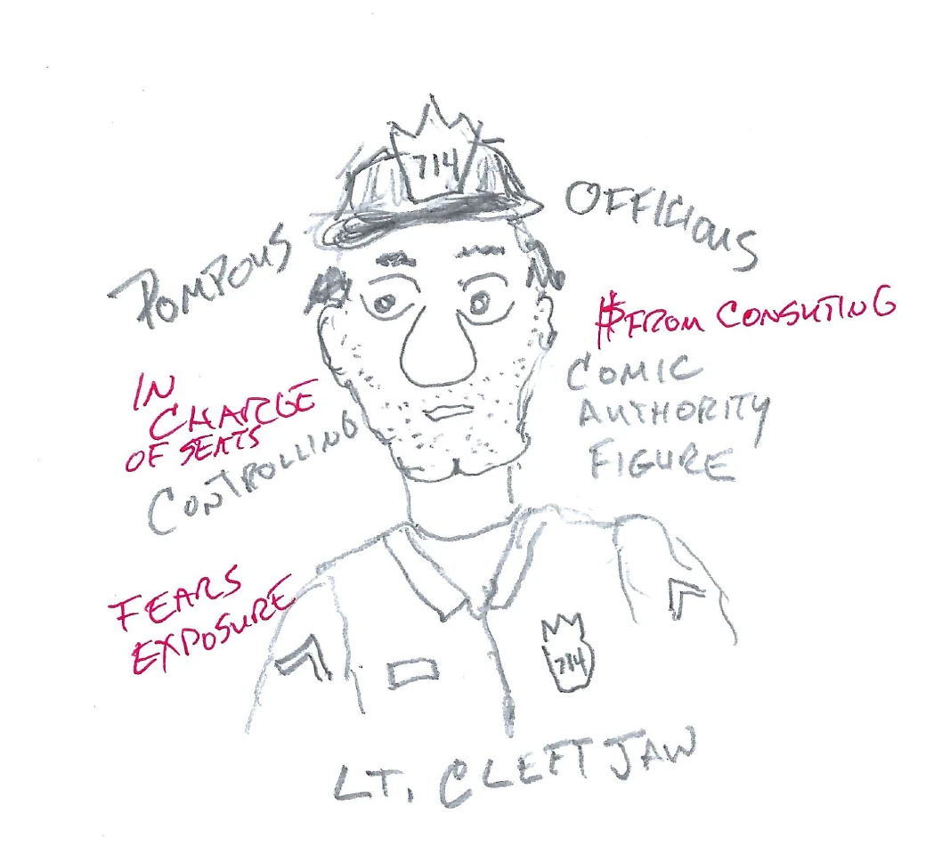 A pencil character study of Lieutenant Cleftjaw annotated first as pompous, officious, controlling, and a comic authority figure, then reconsidered in red as someone in charge of the seats, who fears exposure, and who must be consulted.
