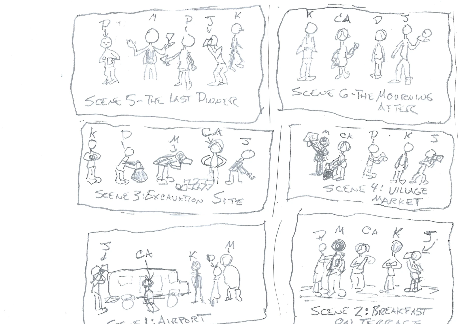 Butch Maxwell’s hand-drawn six-panel scene study for Dead Reckoning, reordered with Scenes 5, 3, and 1 in the left column and Scenes 6, 4, and 2 in the right column.