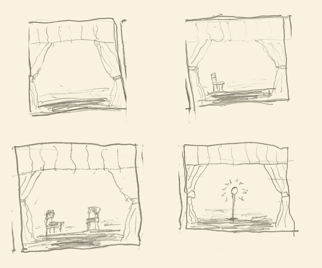 Four hand-drawn panels: an empty stage, one chair, two chairs, and a ghost light.