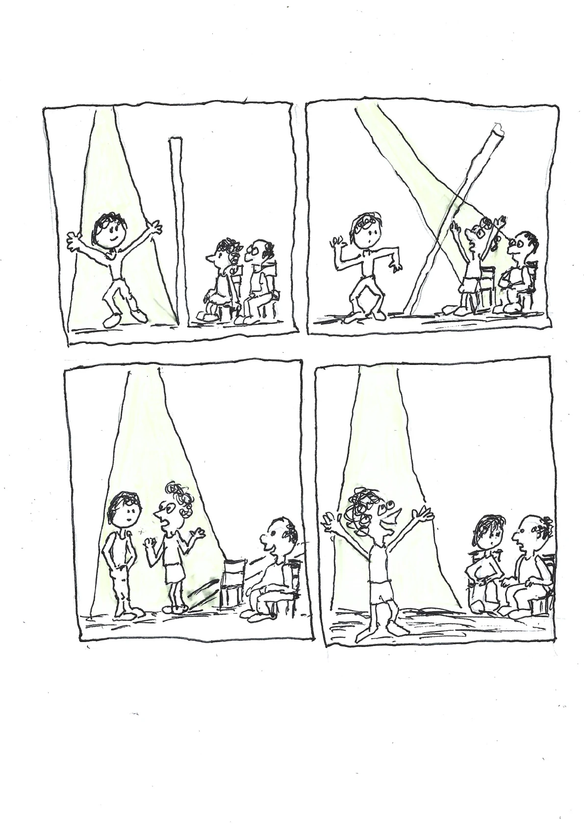 A four-panel drawing in which a performer first plays before a seated audience, then the performers and audience members cross into one another’s space until an audience member stands in the spotlight.