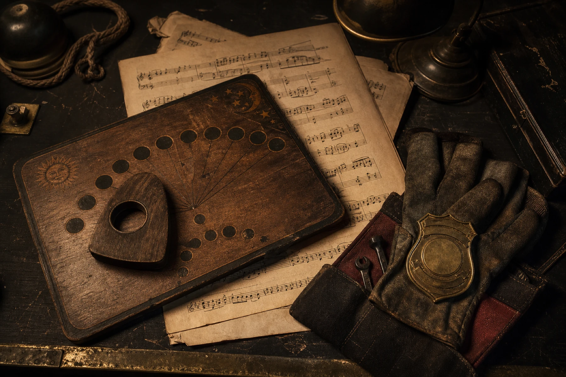 An old Ouija board conceals symphony pages while a stagehand’s glove holds a police badge nearby.