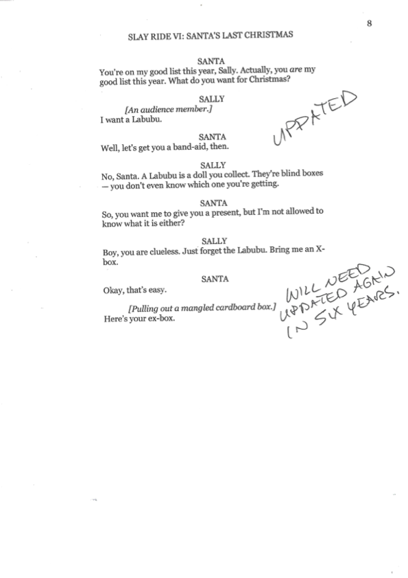The updated Slay Ride VI script page featuring the Labubu joke, marked Updated and noting that it will need updating again in six years.