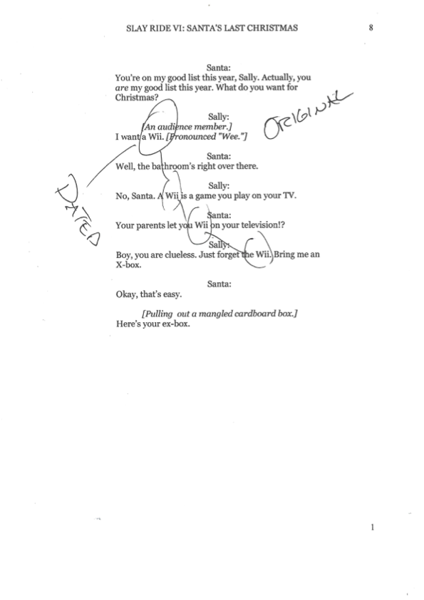 The original Slay Ride VI script page featuring the Wii joke, circled and marked Original in pencil.