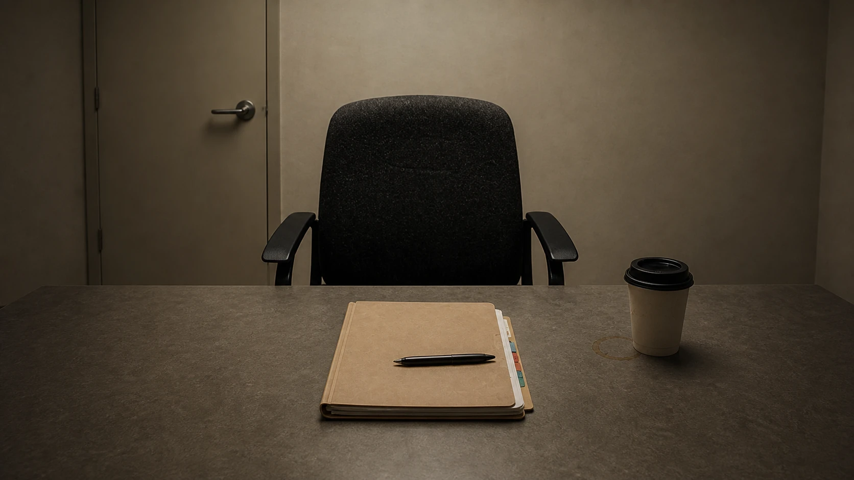 An empty office chair behind a closed personnel file, pen, and coffee cup in a spare interview room.
