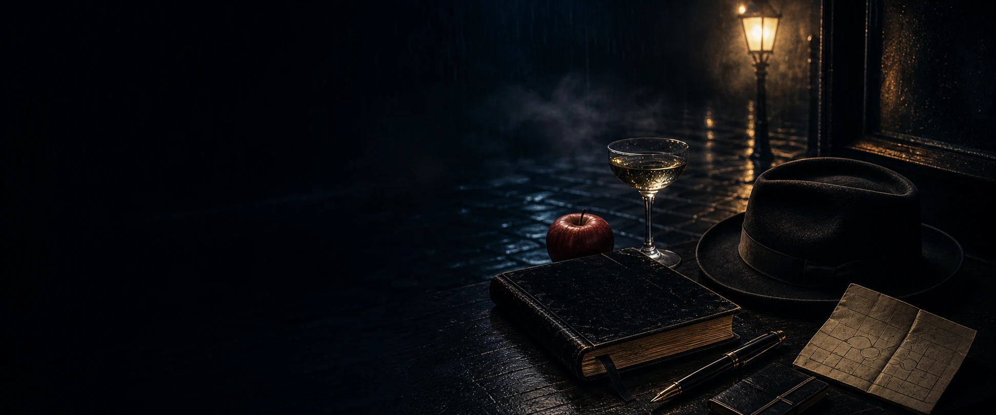 A rain-dark noir still life with a black velvet notebook, fedora, fountain pen, apple, champagne glass, seating chart, and streetlamp.
