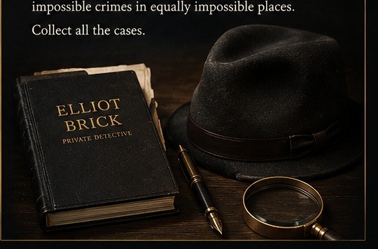 A fedora, magnifying glass, pen, and Elliot Brick notebook arranged as case evidence