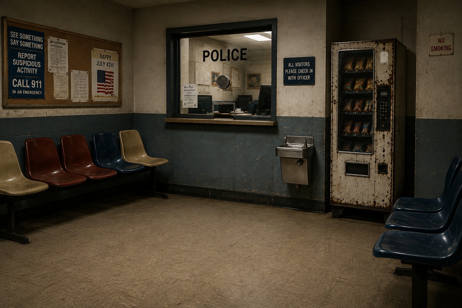 A shabby small-town police station waiting room with plastic chairs, a service window, drinking fountain, and old vending machine.