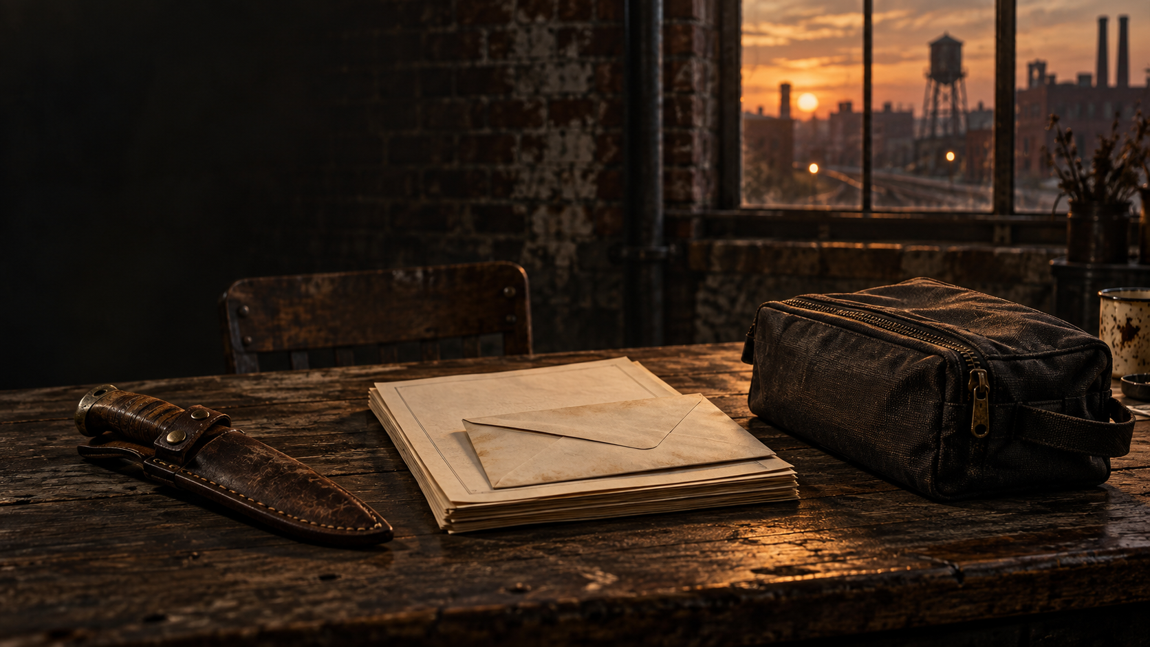 A hunting knife, insurance papers, and a bank bag represent the three plays of the Collateral Collection.