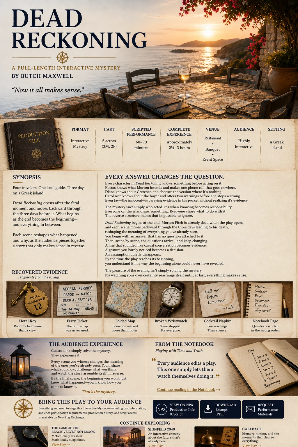 Dead Reckoning page with a sunlit Greek island terrace, production file, recovered evidence, Notebook connection, and production links.