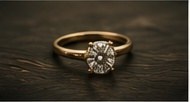 An engagement ring resting on a dark surface.