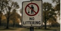 A weathered no-littering sign in a city park.