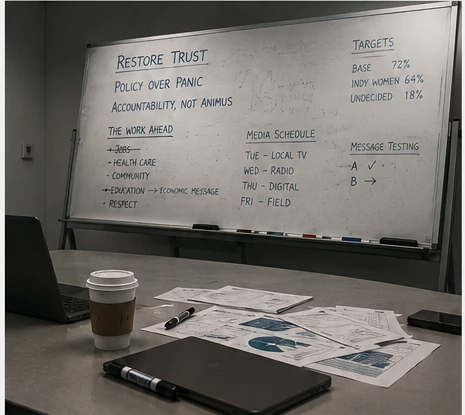 A closer view of the campaign whiteboard after weeks of revisions.