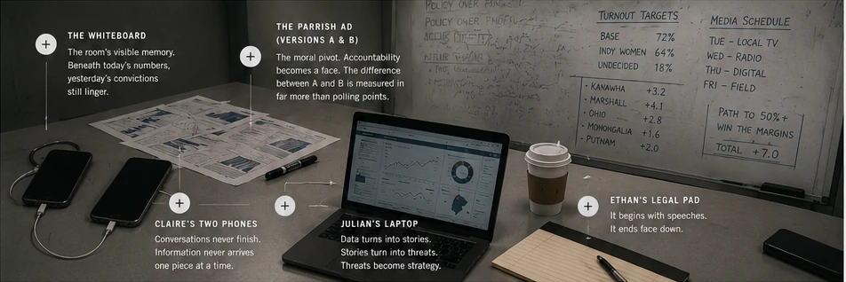 A campaign war room evidence table showing phones, laptop, legal pad, political materials, coffee, and a heavily revised whiteboard.