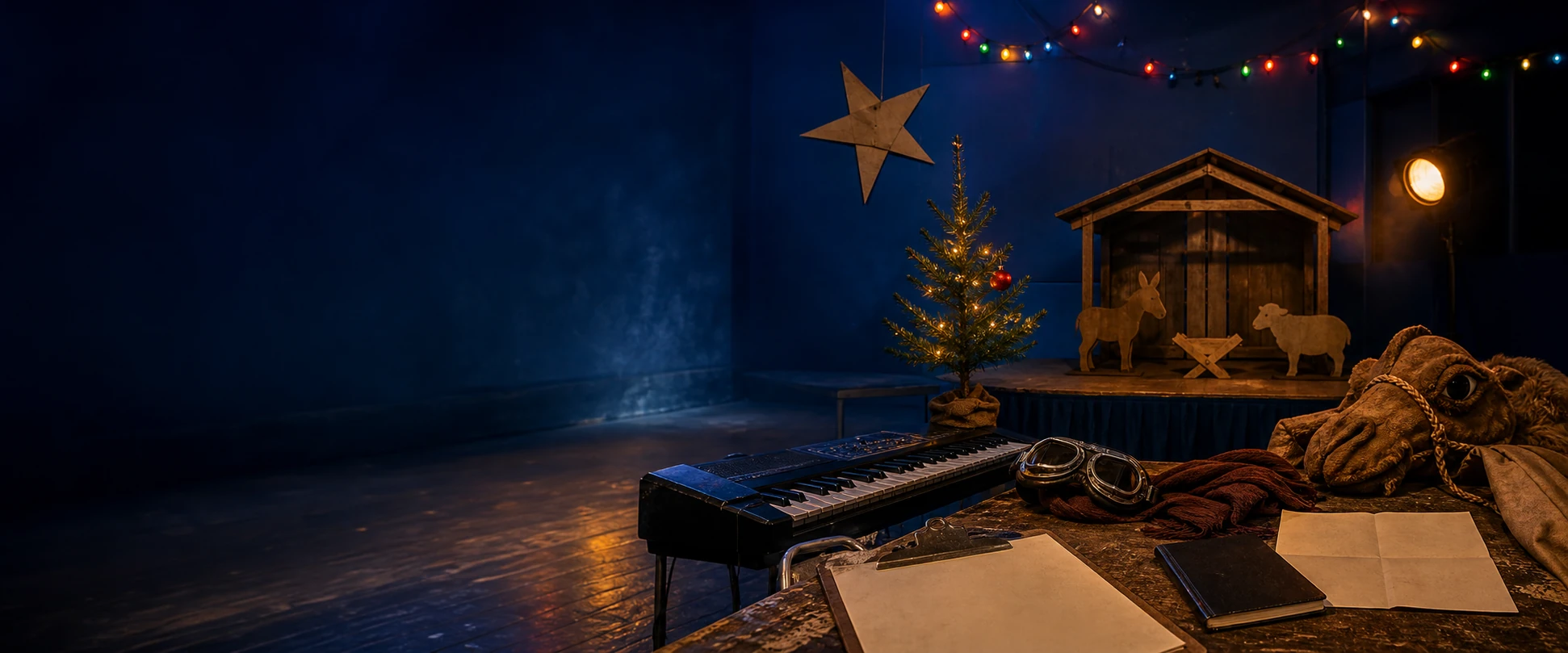 An empty Christmas pageant rehearsal room with a crooked cardboard star, sparse tree, nativity set, keyboard, clipboard, camel costume, aviator goggles, notebook, and folded document.