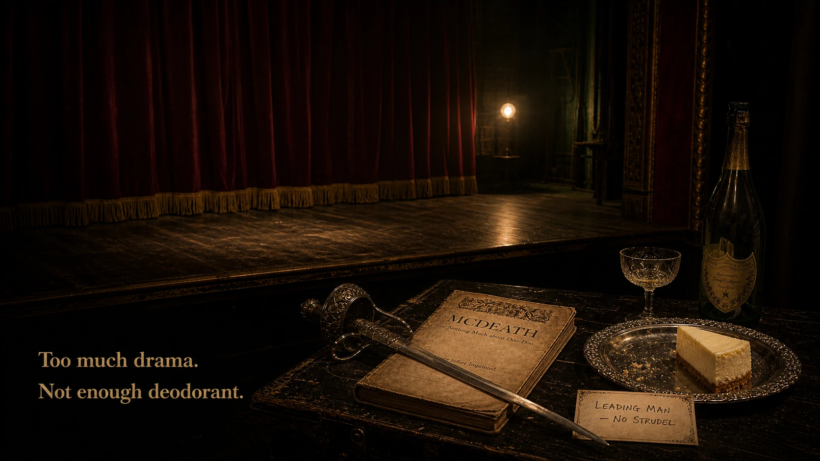 After the performance, the burgundy curtain is closed and a ghost light shines on the empty stage. A prop table holds a closed McDeath script crossed by a sword, an almost-empty champagne bottle, one glass, and a final slice of cheesecake beside the card Leading Man — No Strudel. Text reads: Too much drama. Not enough deodorant.