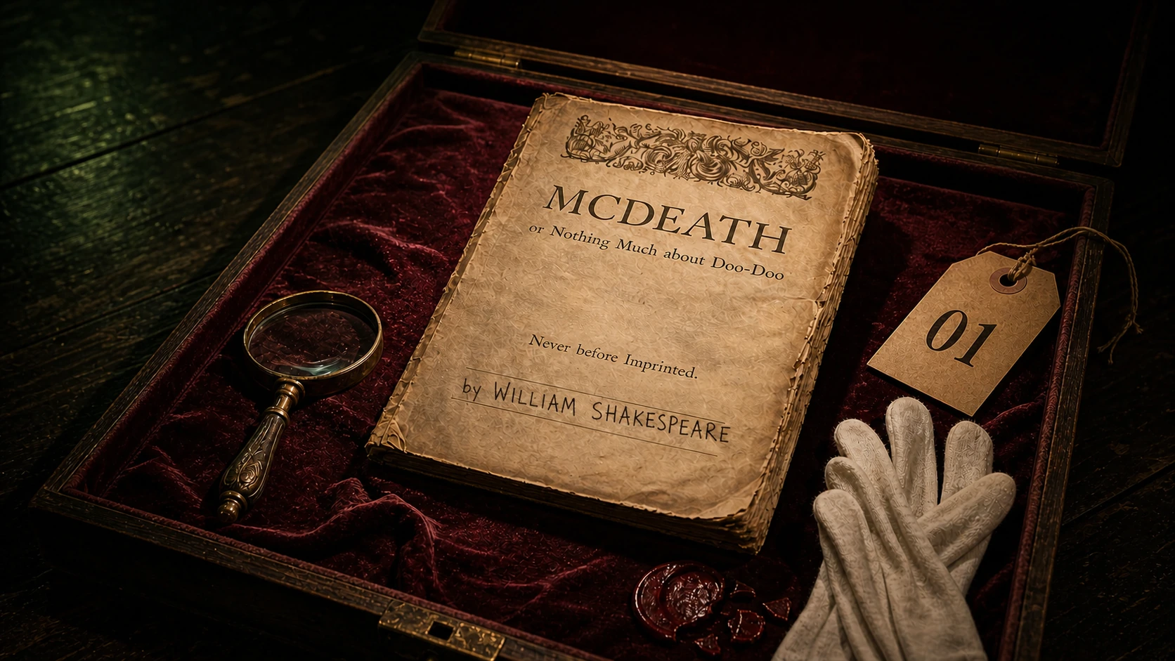 The antique McDeath script in a burgundy velvet case, with a magnifying glass, gloves, wax seal, evidence tag 01, and the deliberately crude handwritten credit by William Shakespeare.
