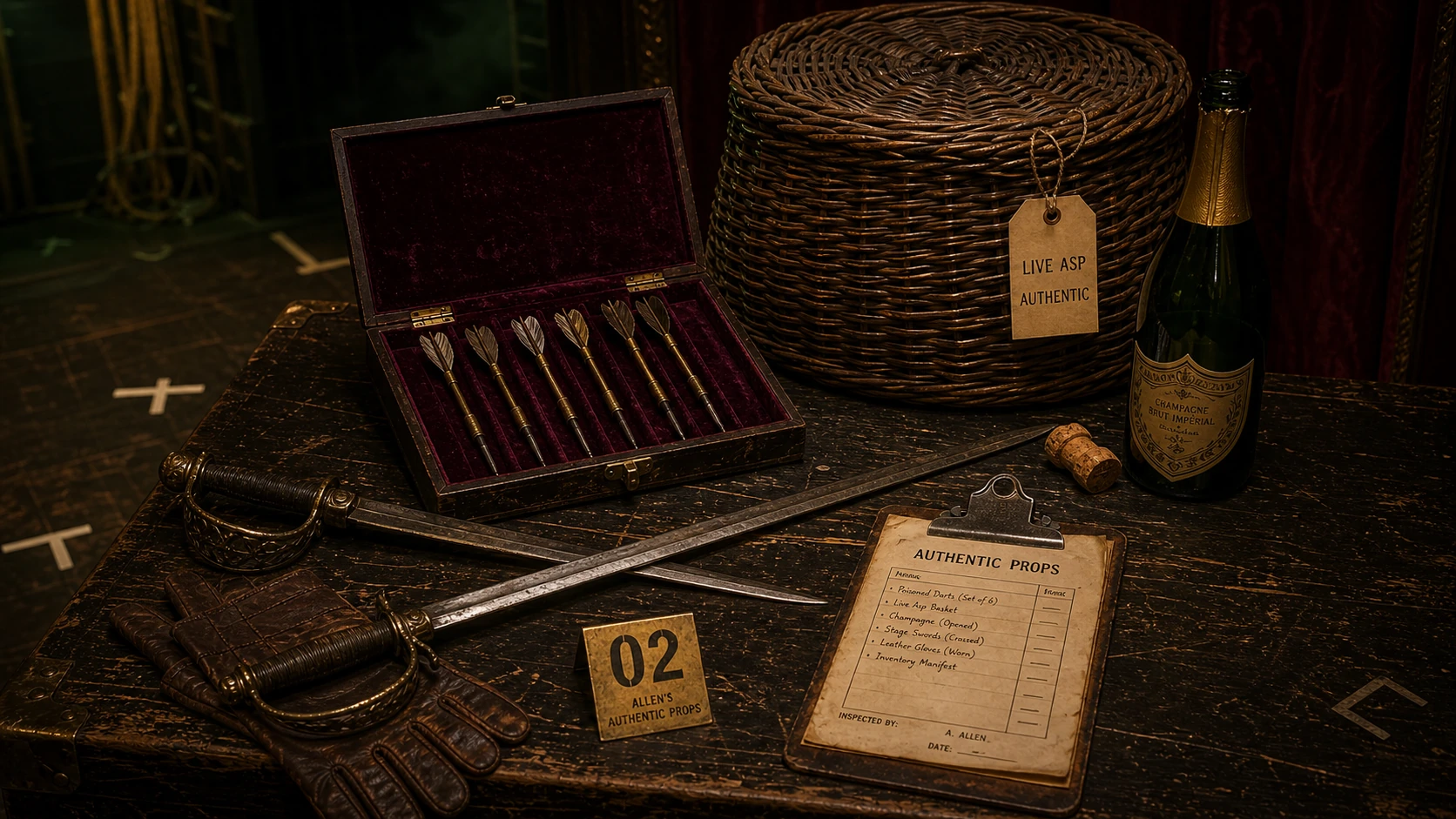 Allen’s prop table with crossed swords, a case of darts, leather gloves, champagne, an authentic-props inventory, and a large covered basket labeled live asp authentic.