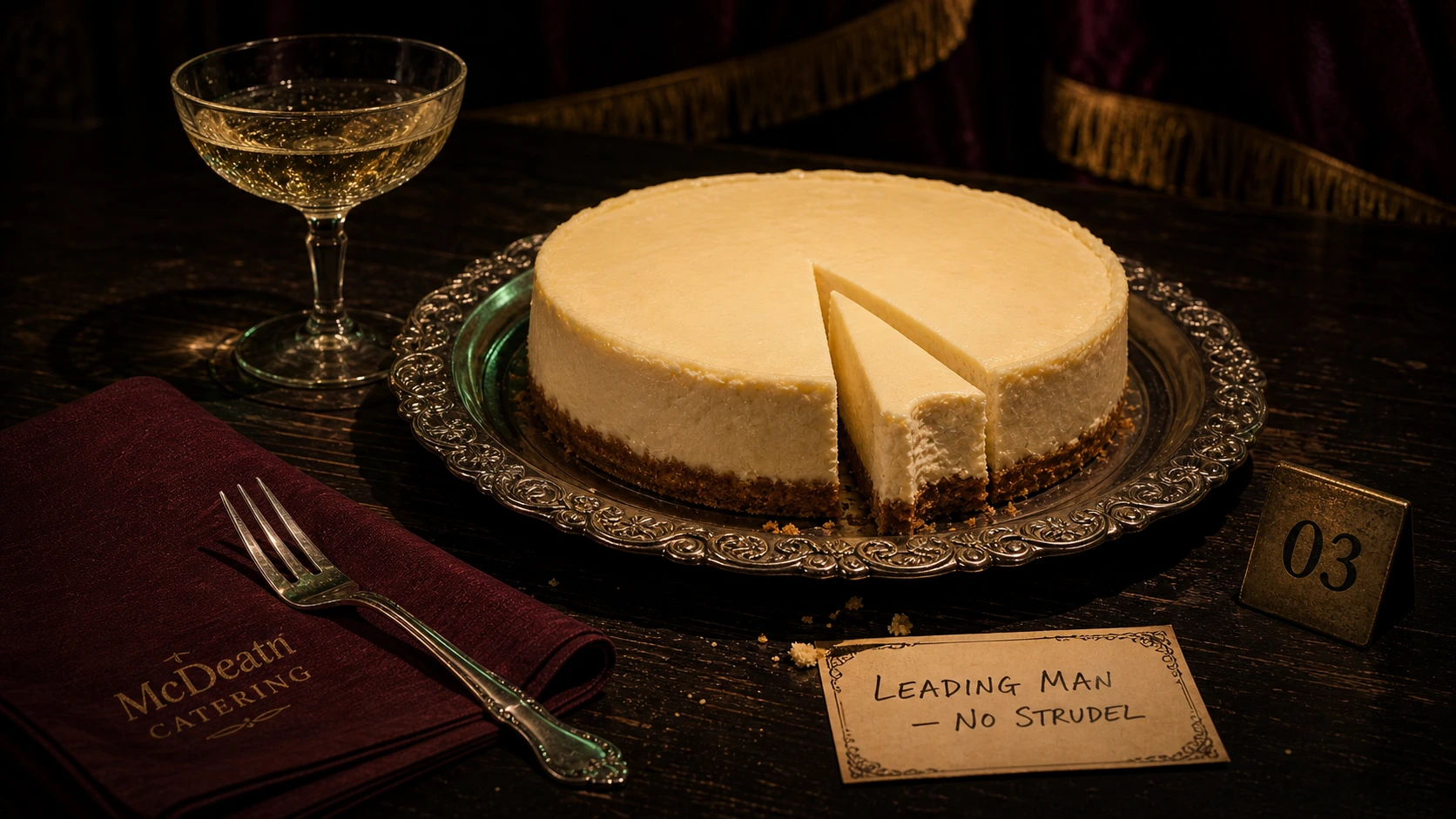 A plain cheesecake with one slice removed, champagne, a McDeath Catering napkin, evidence tag 03, and a handwritten card reading Leading Man — No Strudel.
