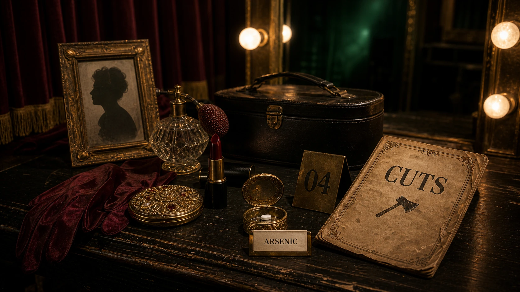 Delilah’s dressing table with red gloves, perfume, lipstick, an ornate compact, arsenic, a black travel case, silhouette portrait, and a program for Cuts.