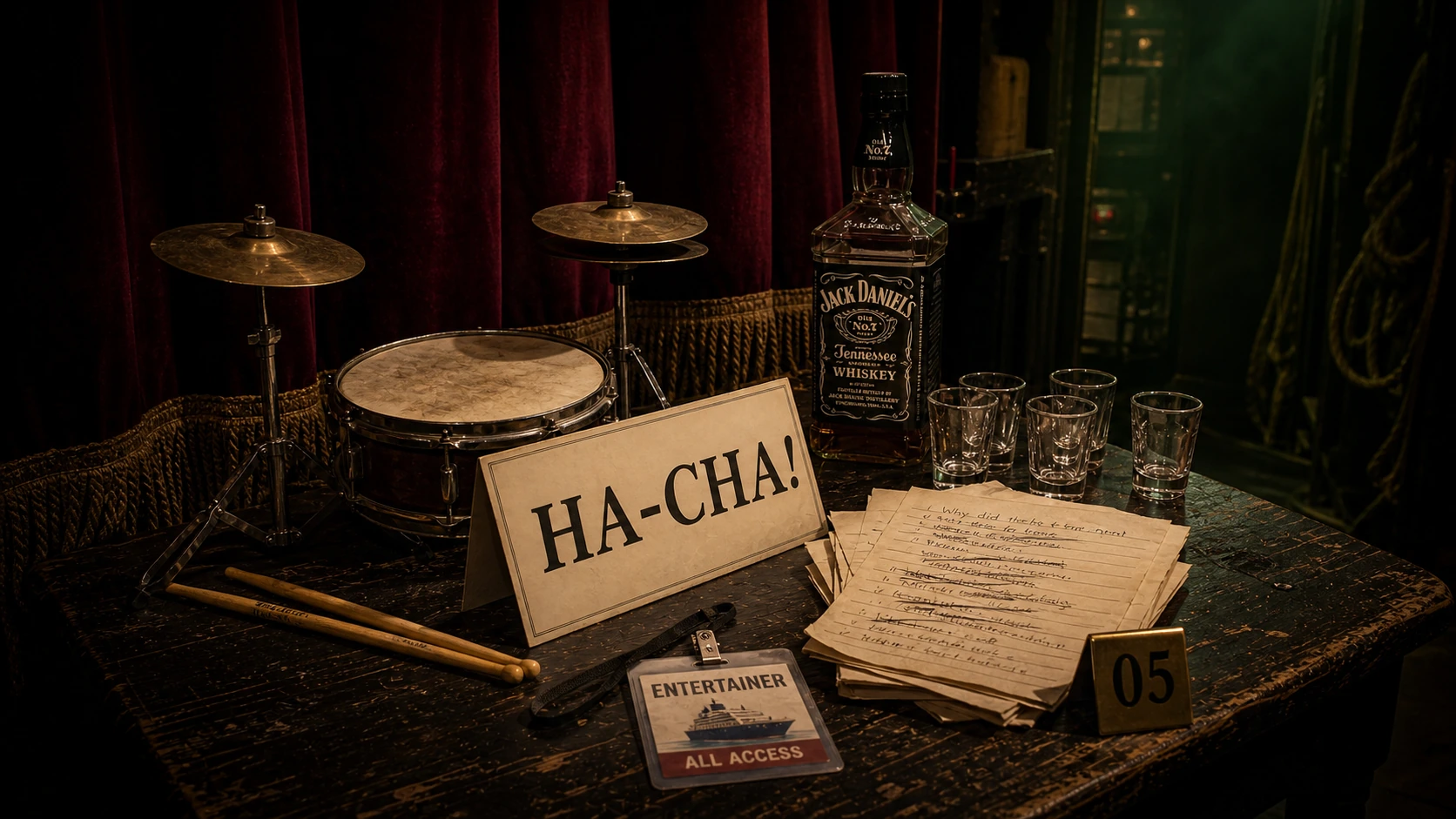 A toy drum kit beside a large Ha-Cha sign, whiskey and shot glasses, joke pages, cruise entertainer badge, and evidence tag 05.