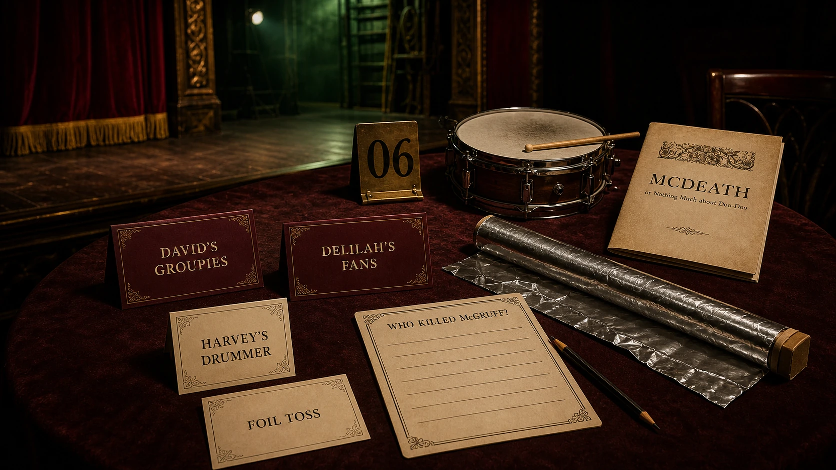 Audience role cards for David’s Groupies, Delilah’s Fans, Harvey’s Drummer, and Foil Toss beside a toy drum, aluminum foil, script, pencil, and Detective Card.