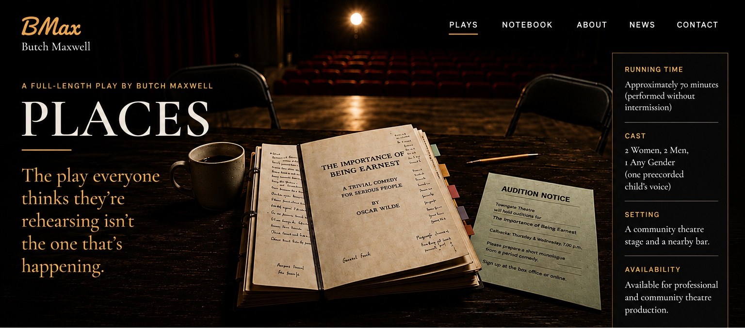 Places by Butch Maxwell: a warm community theatre rehearsal table with a dog-eared copy of The Importance of Being Earnest, an audition notice, pencil, coffee cup, and auditorium beyond.