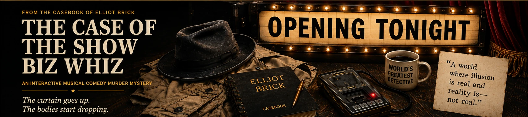 The Case of the Show Biz Whiz: a glowing Opening Tonight marquee above Elliot Brick’s fedora, trench coat, casebook, Michael Obits’s recorder, coffee mug, and a quotation card, all fully contained within a wide theatrical composition.