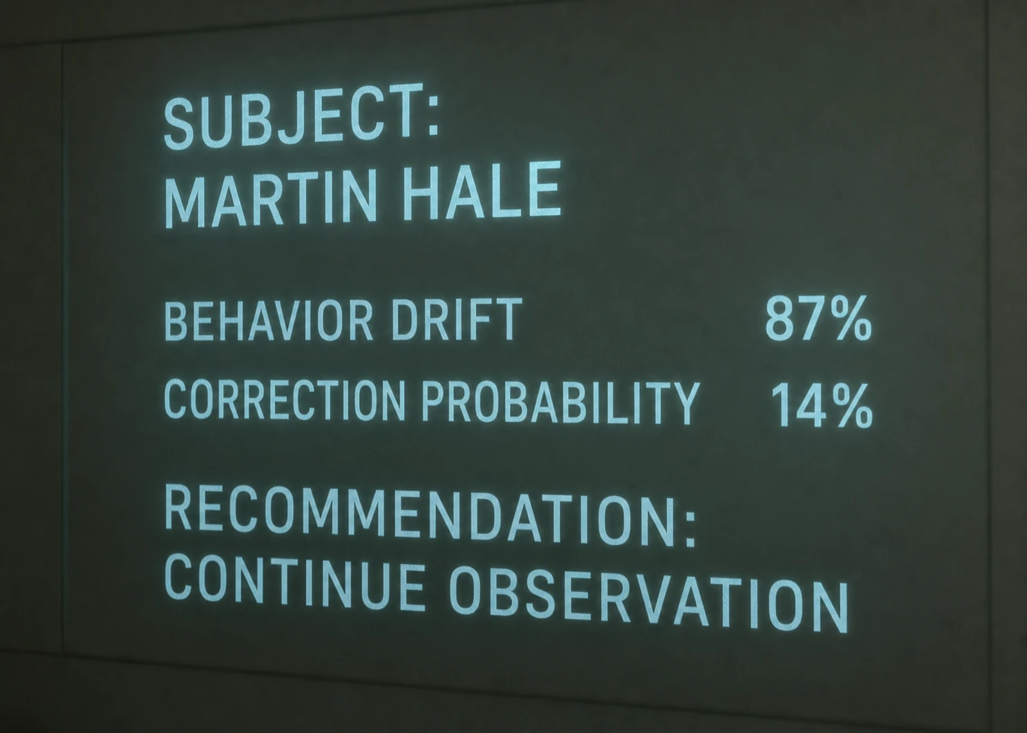A restrained behavioral diagnostic for Martin Hale showing behavior drift at 87 percent, correction probability at 14 percent, and a recommendation to continue observation