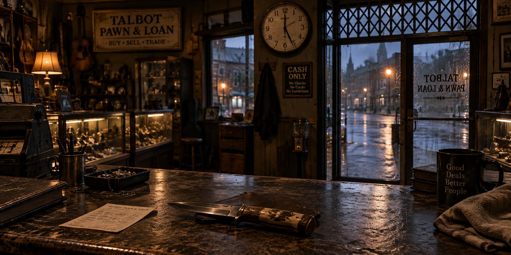 Talbot Pawn & Loan near closing time on a rainy evening in Unredeemed.